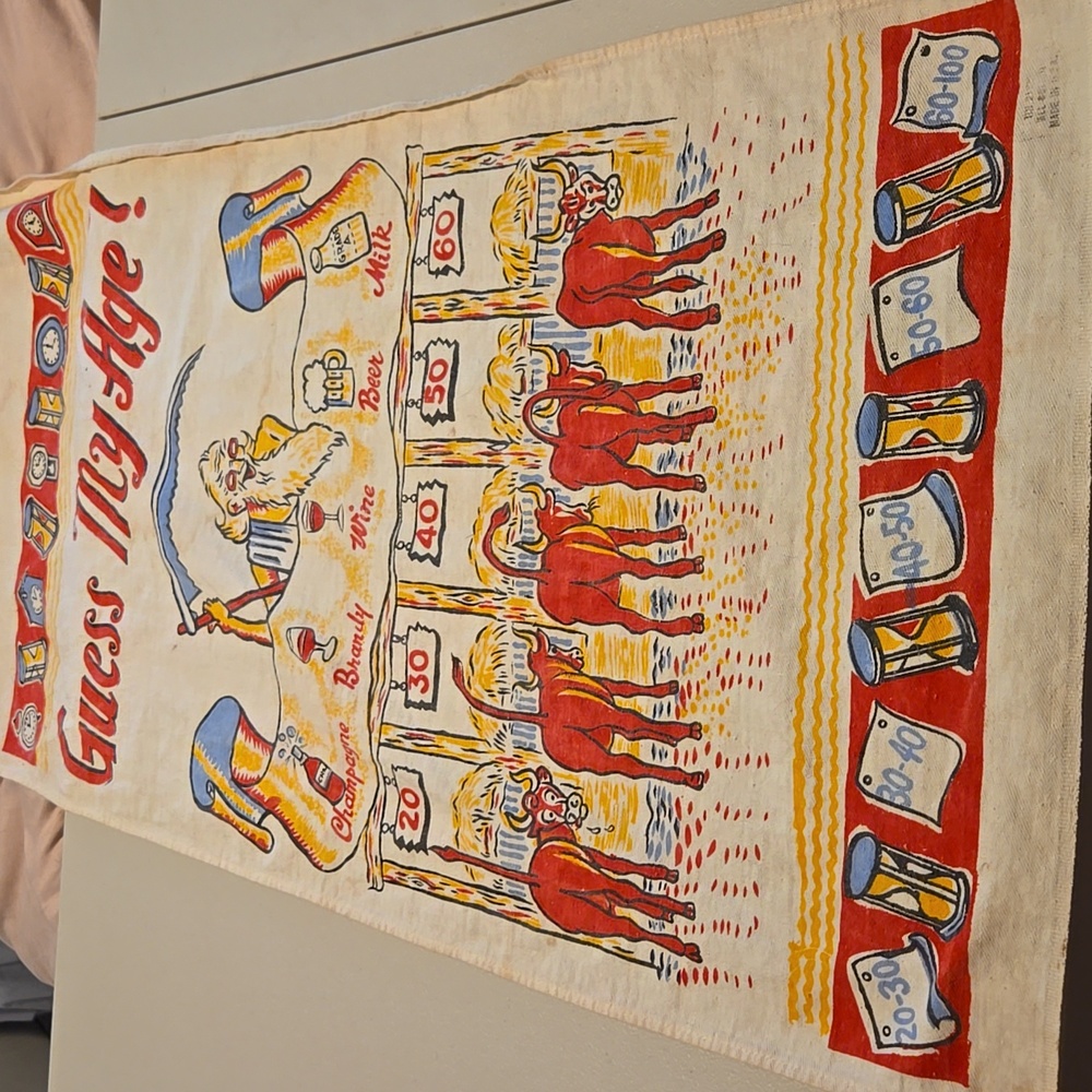 Father time tea towel 1950s